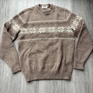 Tundra Men's Pure Virgin Wool Sweater Vintage Fair Isle Snowflake Brown L